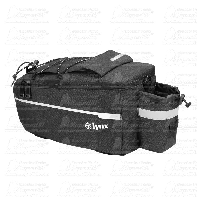 kerékpár táska csomagtartóra 38x15,5x16 cm, anyaga poliészter, súly: 350g, vizes palack zseb, víz-, és hőálló, belső bélés,feket