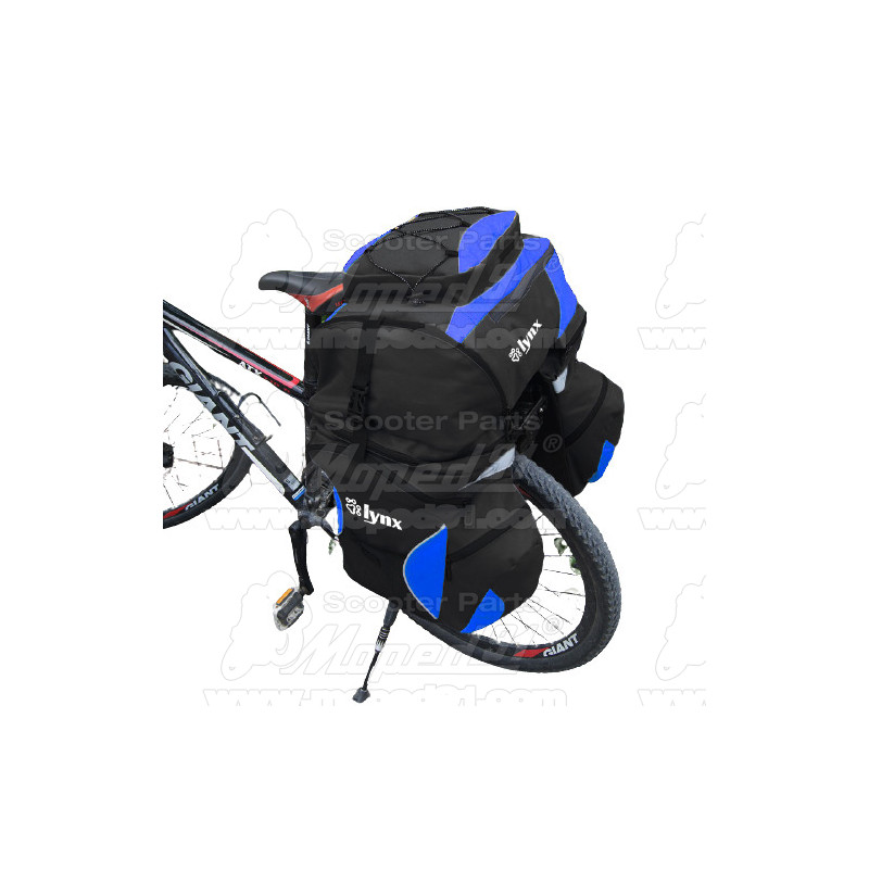 kerékpár hármas hordozótáska oldaltáskával csomagtartóra, oldaltáska: 45x33x22 cm, felső táskarész: 52x40x29 cm, anyaga: poliész